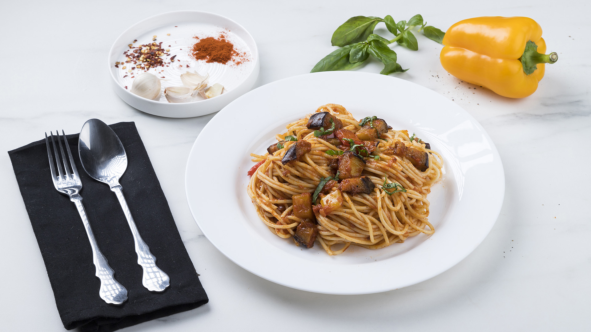 Spaghetti Caponata (with eggplant and red sauce) MISKO